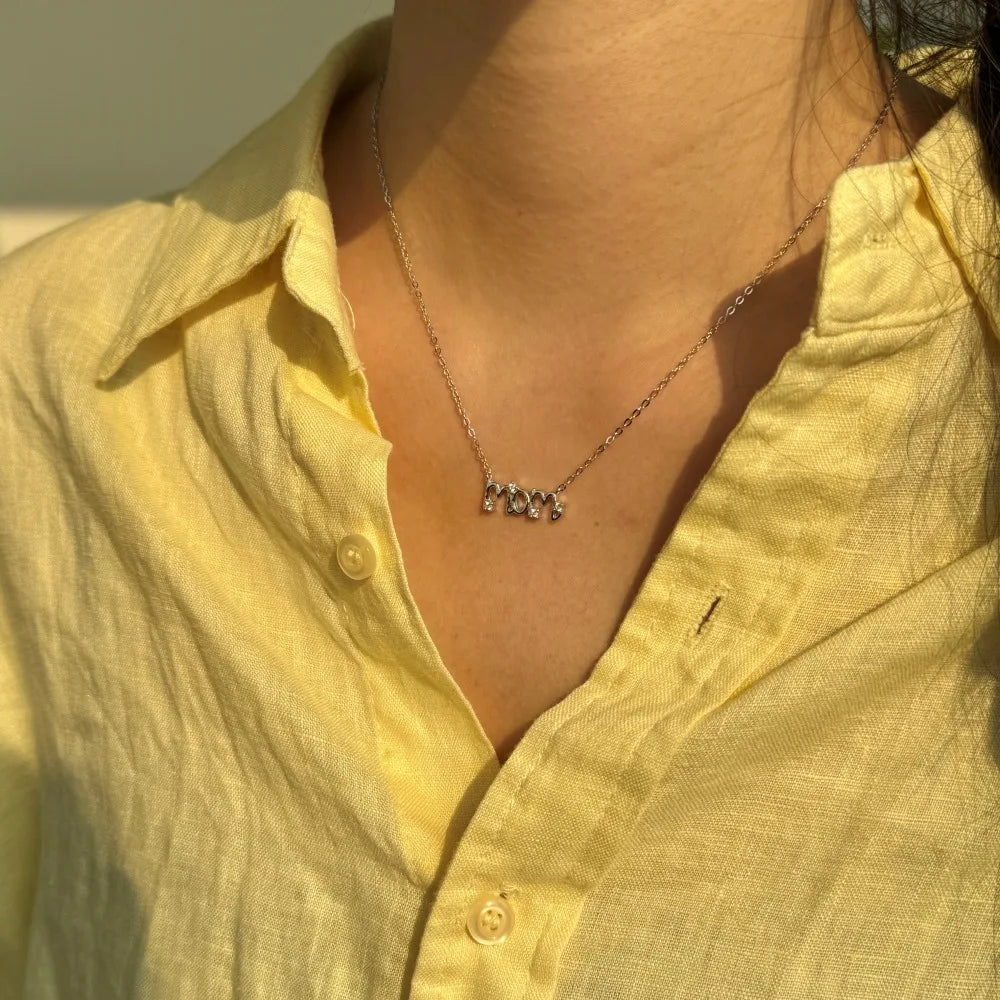 Silver Zircon Round Cut Mom Small Bar Necklace
