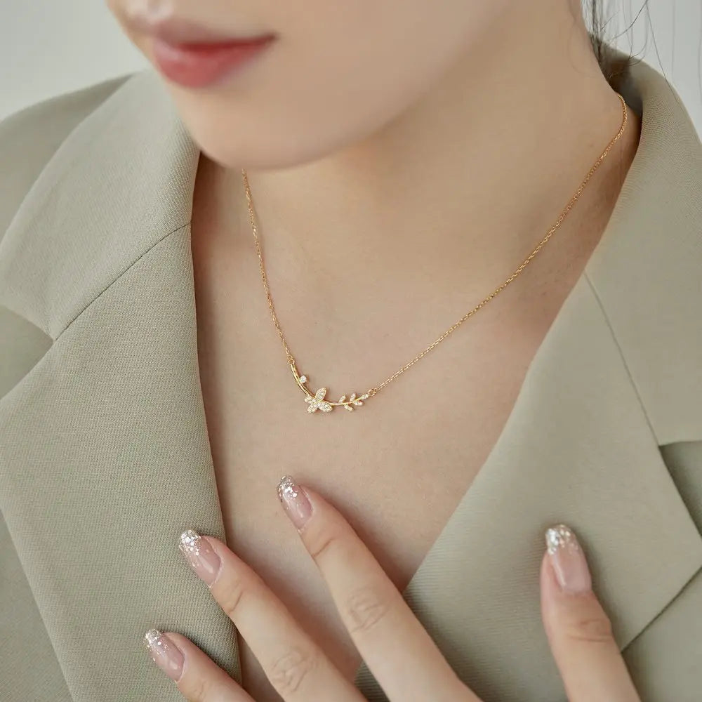 Silver Zircon Round Cut Butterfly Bar Necklace