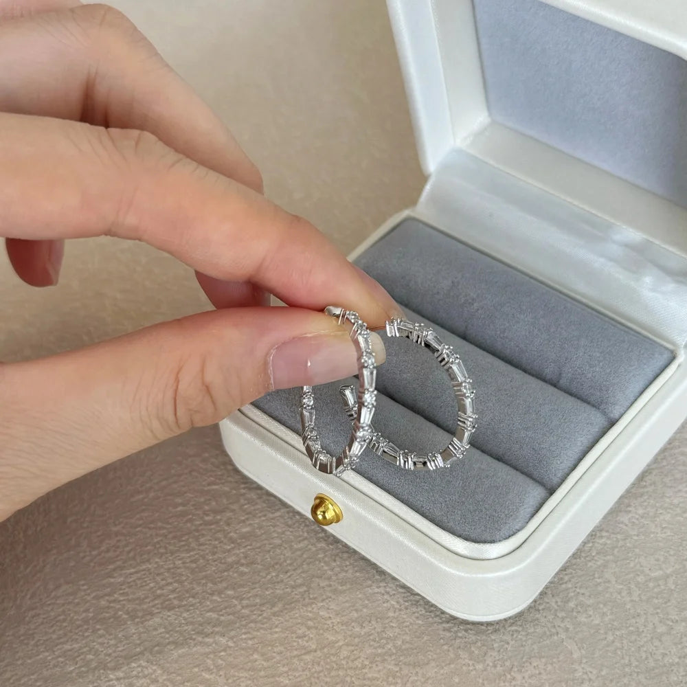 Silver Zircon Round Cut Inlaid Flower Ear Hoops