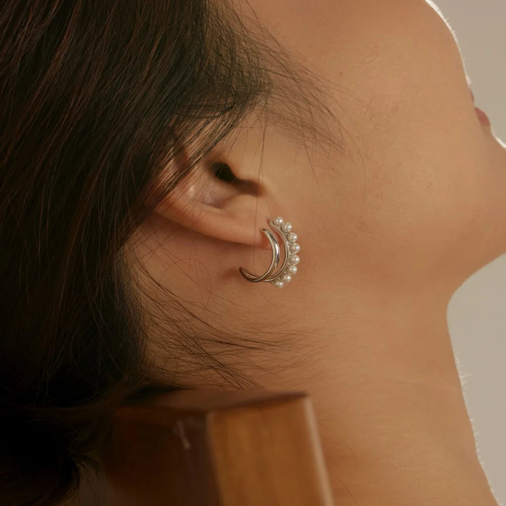 Silver Pearl Double Layer Ear Hoops