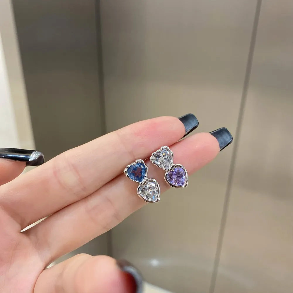 Silver Zircon Heart Cut Stacked Ear Studs