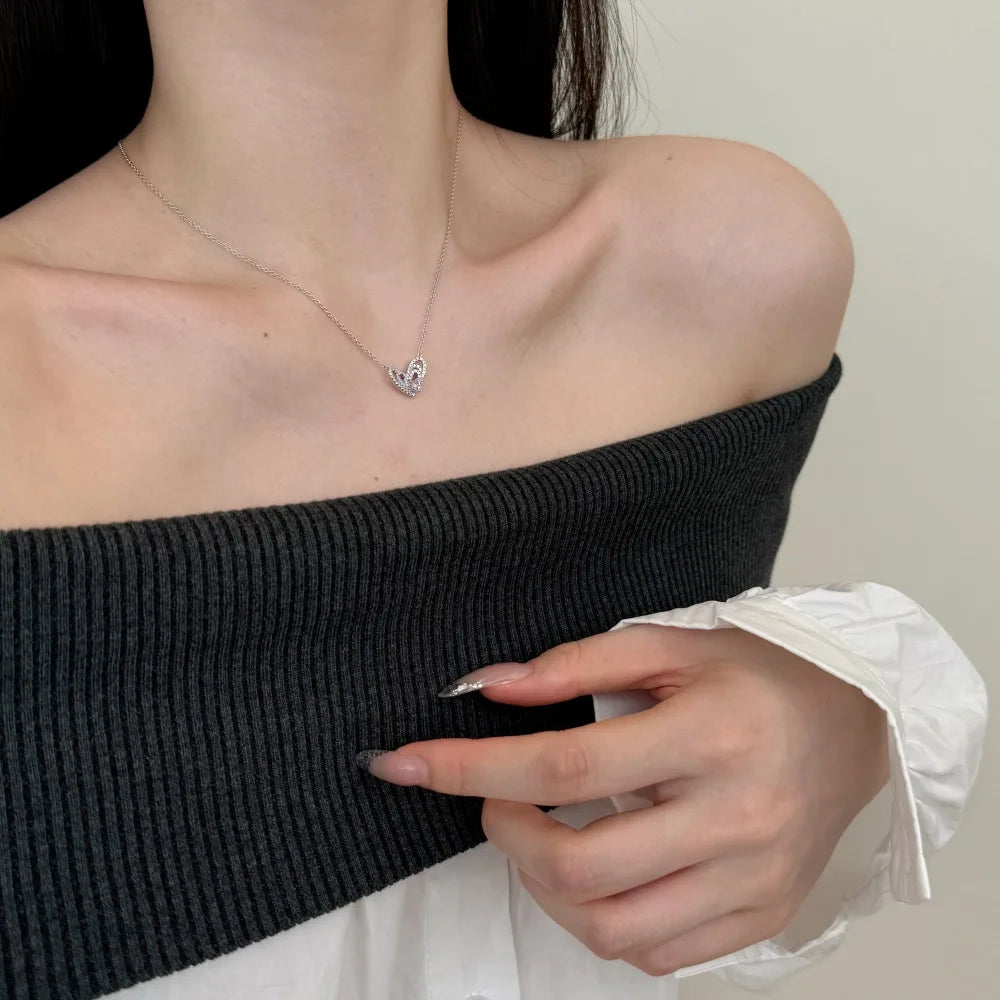 Silver Zircon Heart Cut Multi Layer Heart Pendant Necklace