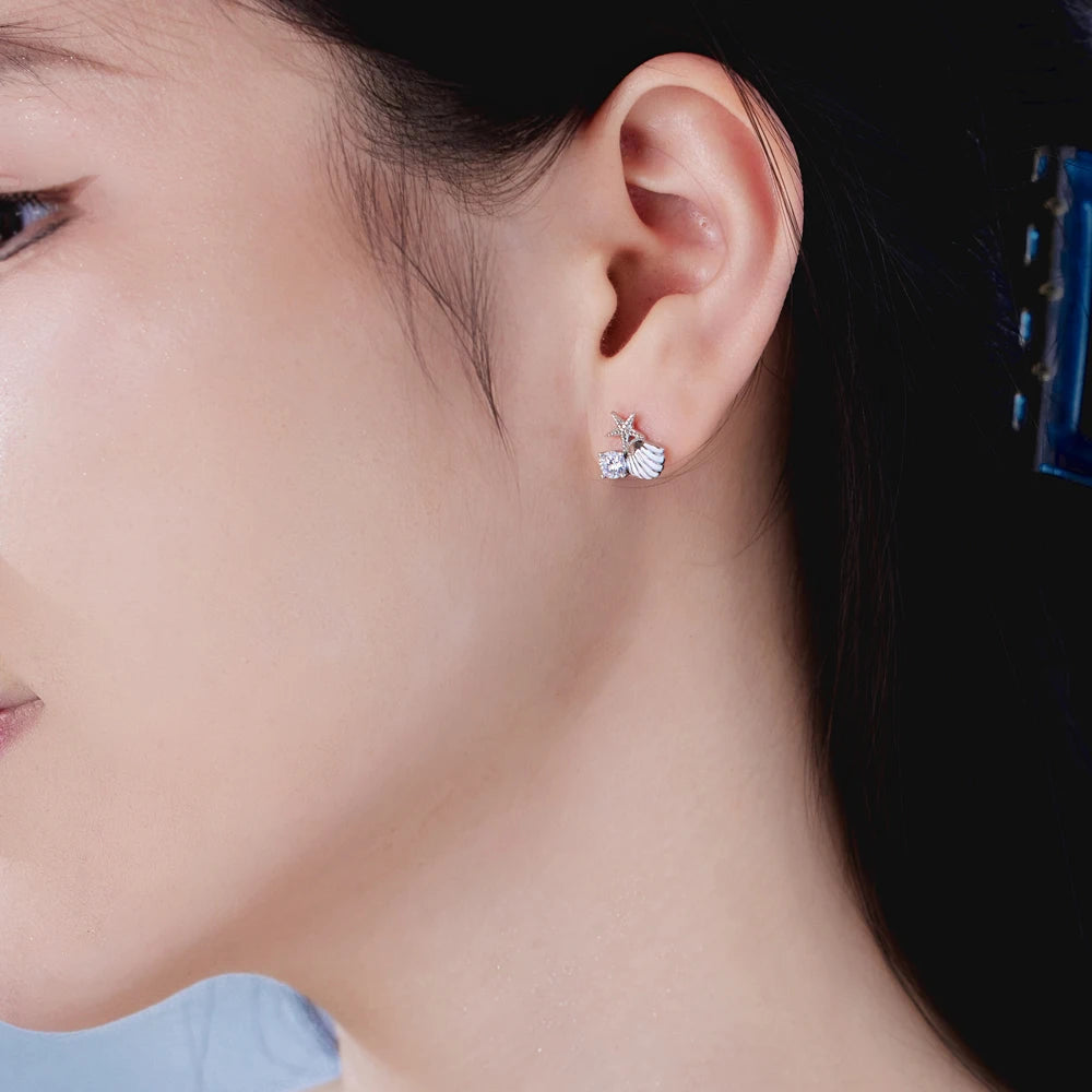 Silver Zircon Round Cut Shell Ear Studs