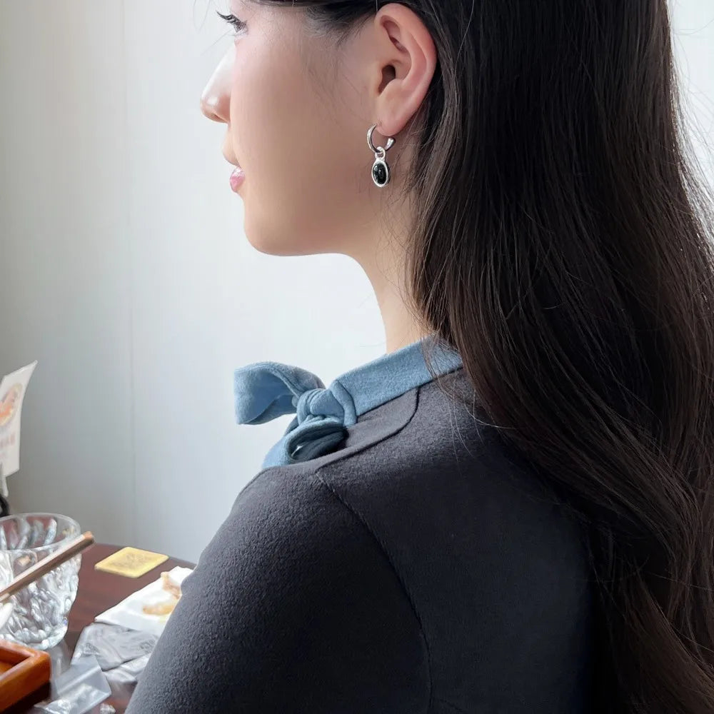 Silver Onyx Oval Cut Dangle Drop Earrings