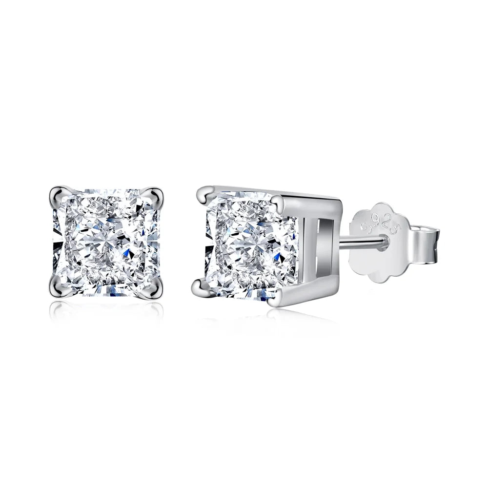 Silver Zircon Princess Cut Squared Ear Studs