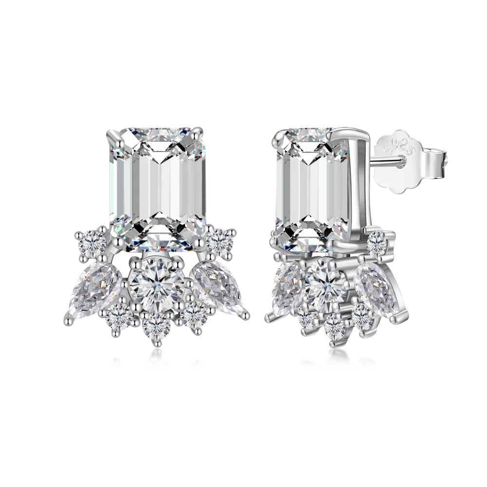 Silver Zircon Emerald Cut Eyelashes Ear Studs