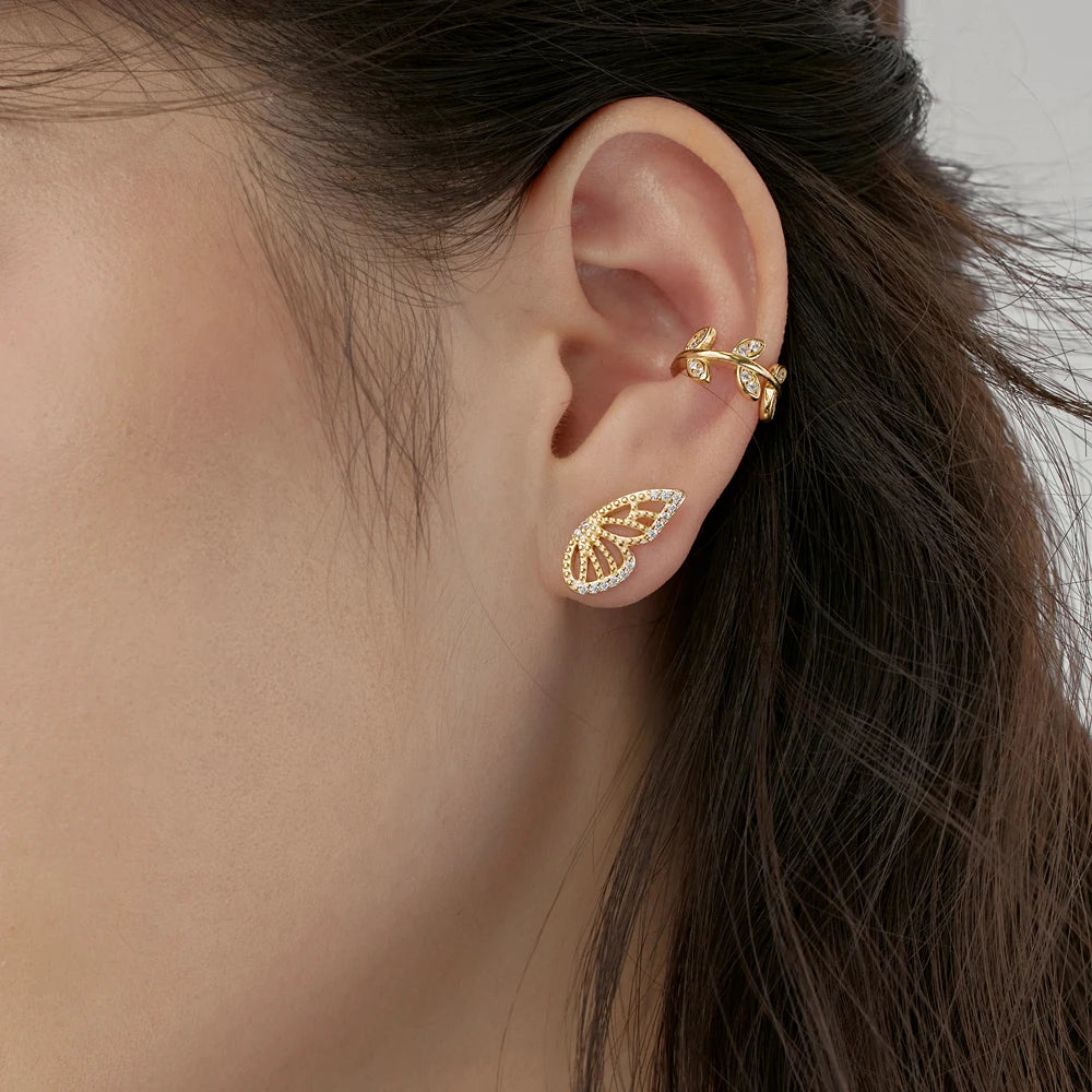 Silver Zircon Round Cut Leaf Ear Cuffs