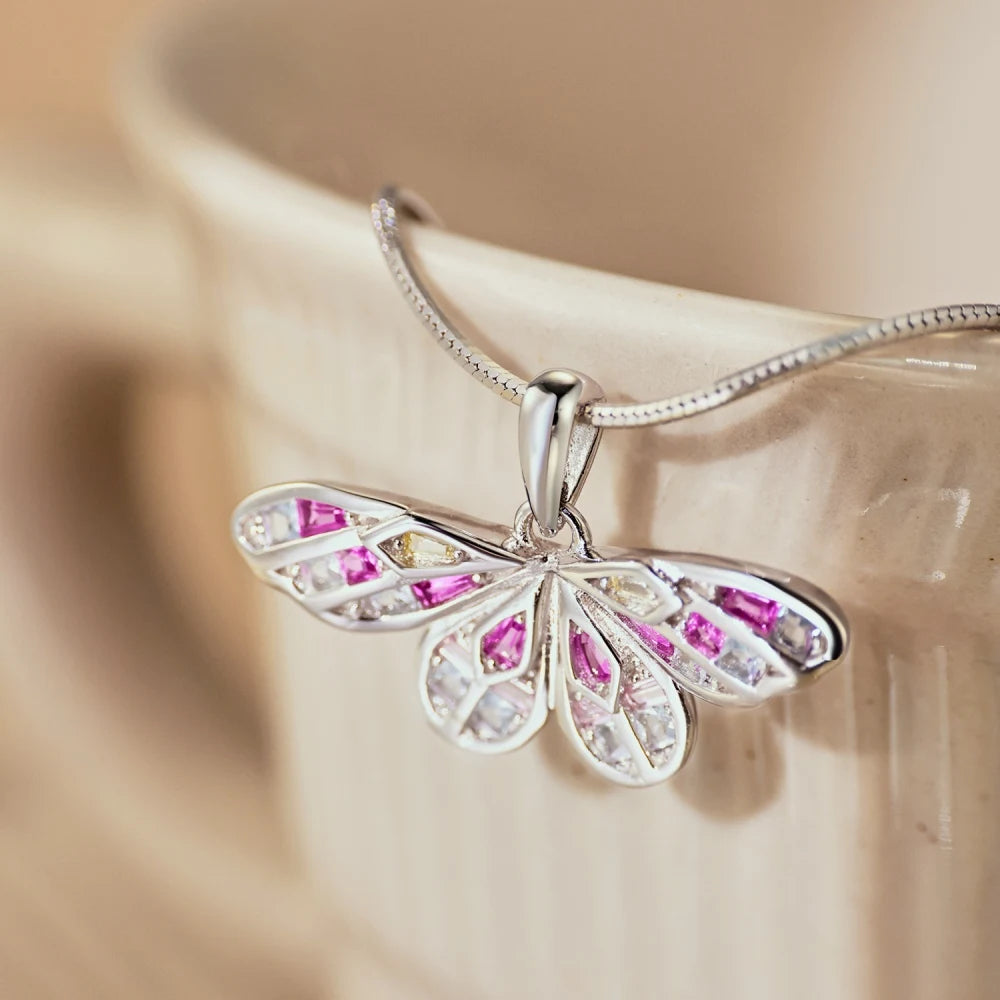 Silver Zircon Baguette Cut Butterfly Pendant Necklace