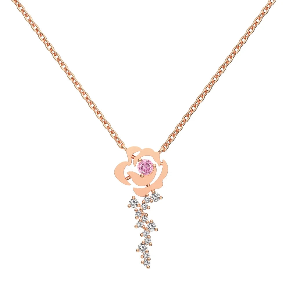 Silver Zircon Round Cut Blossom Rose Pendant Necklace