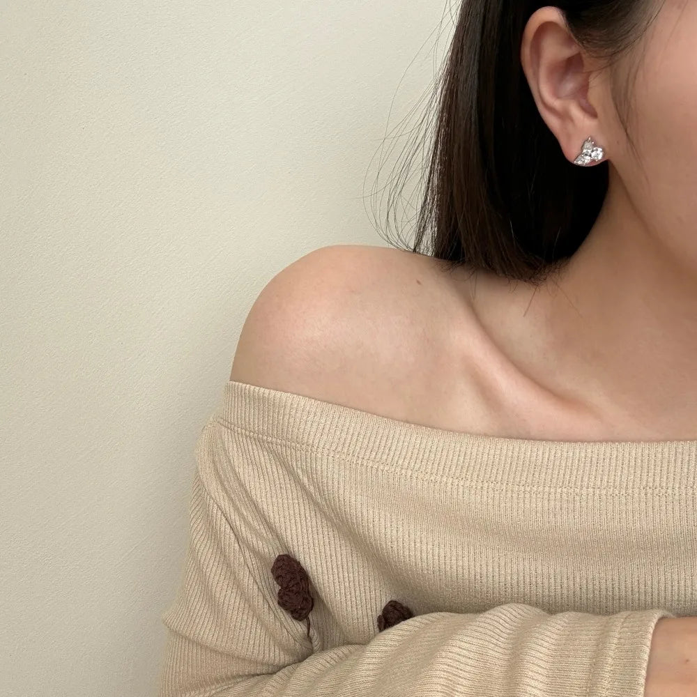 Silver Zircon Marquise Cut Brushed Leaf Ear Studs