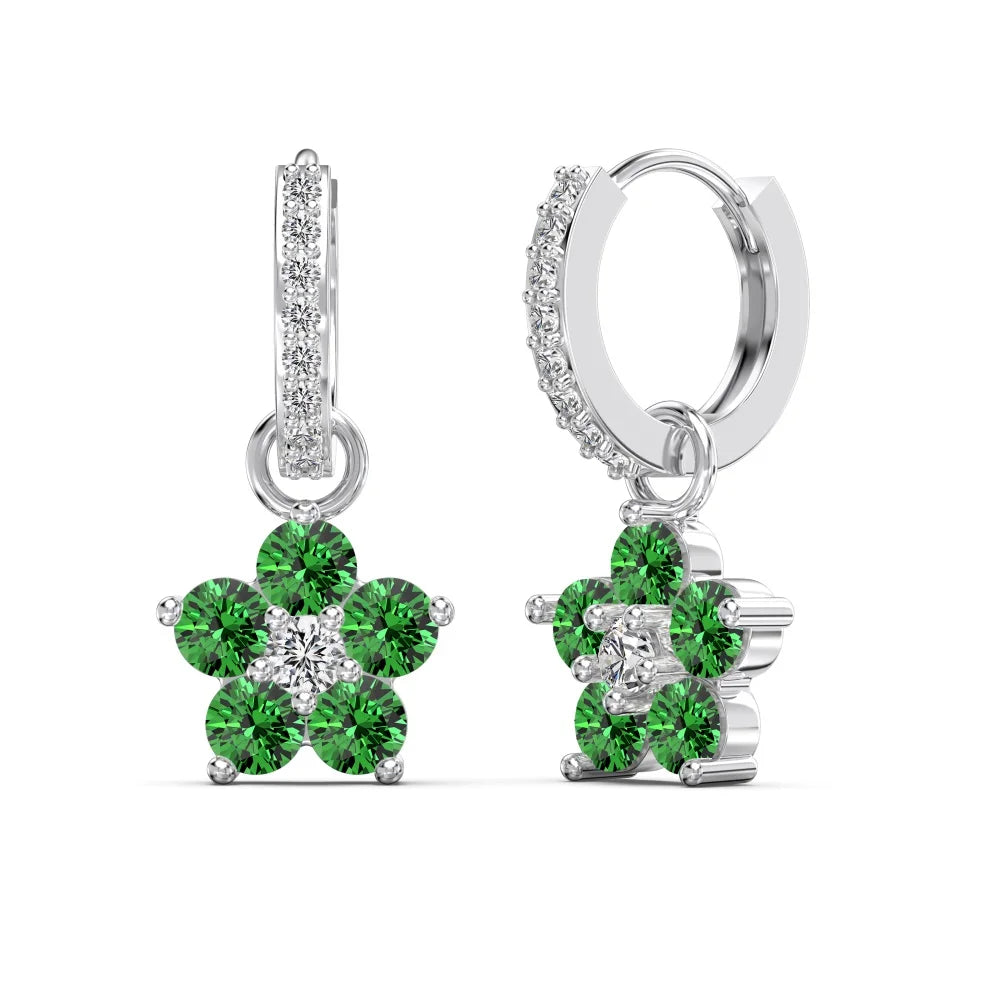 Silver Zircon Round Cut Drop Flower Ear Hoops