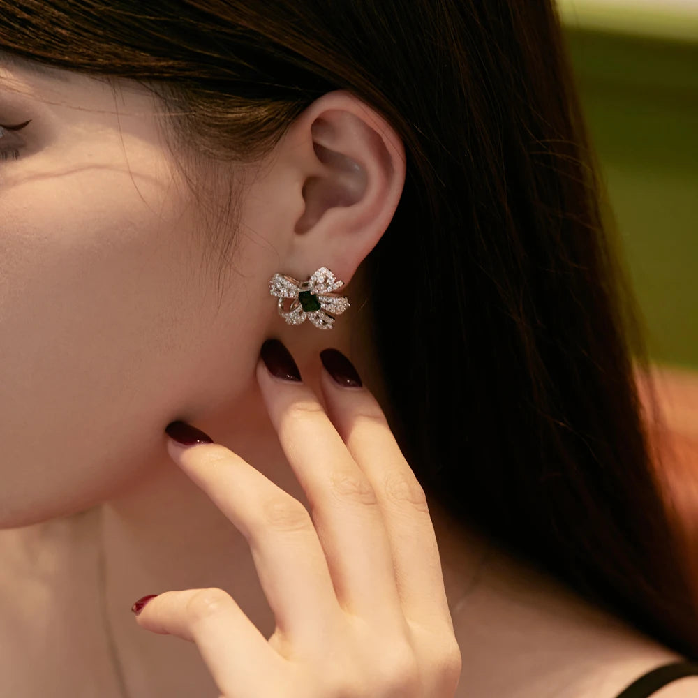 Silver Zircon Emerald Cut Bow Knot Ear Studs