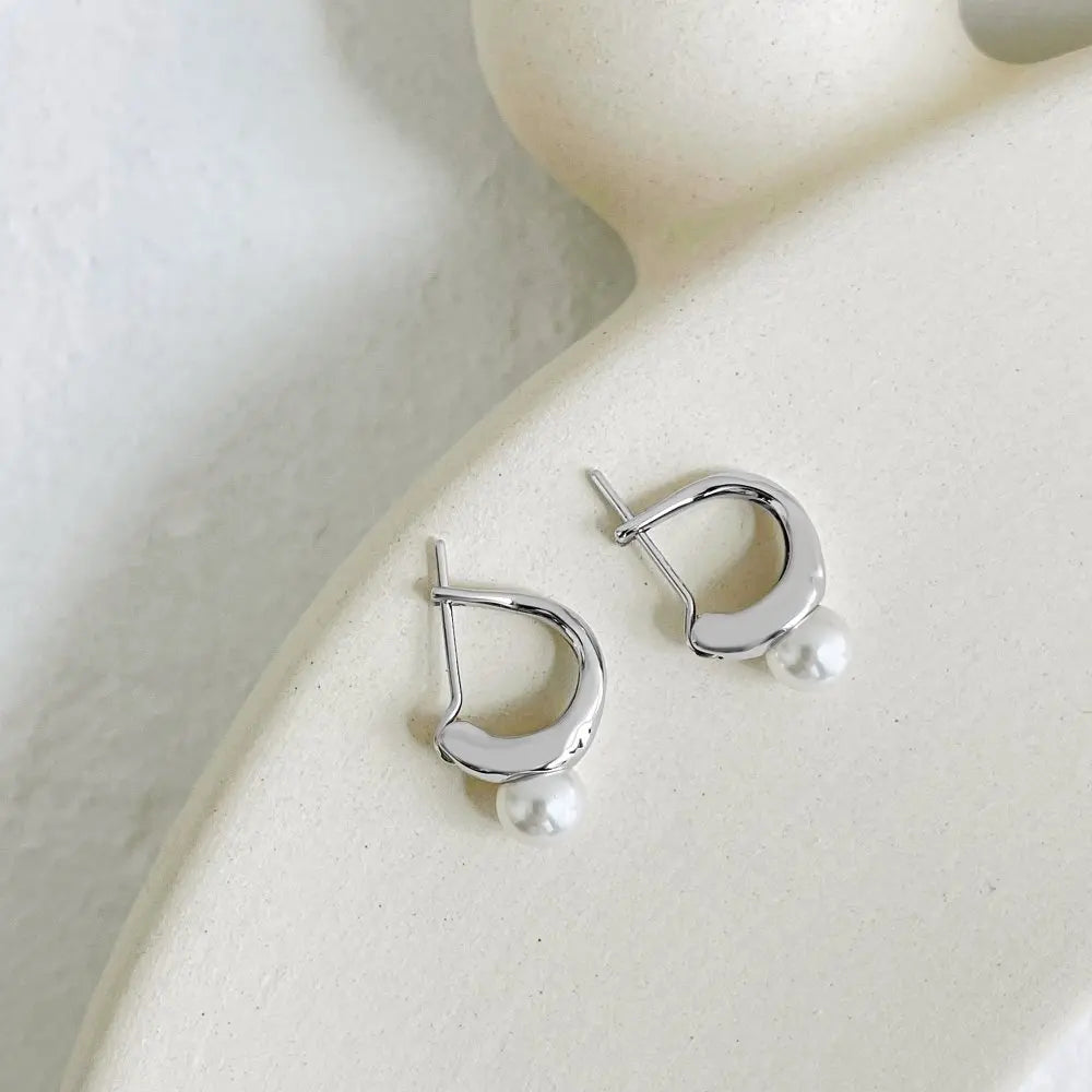 Silver Pearl Chunky Huggie Earrings