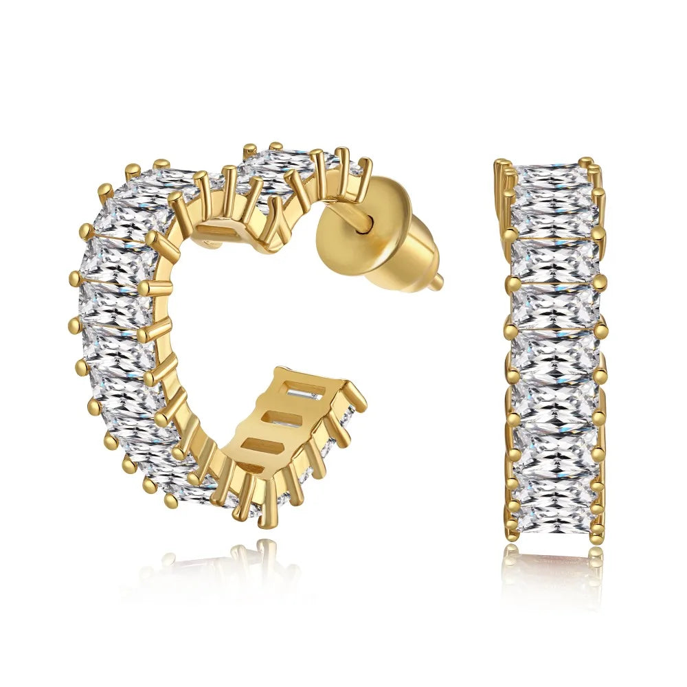 Silver Zircon Cushion Cut Heart Inlaid Ear Hoops