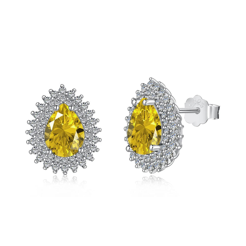 Silver Zircon Pear Cut Double Layer Water Drop Ear Studs