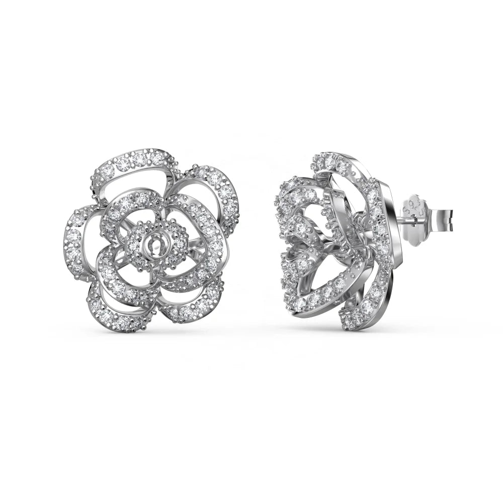 Silver Zircon Round Cut Inlaid Flower Ear Studs