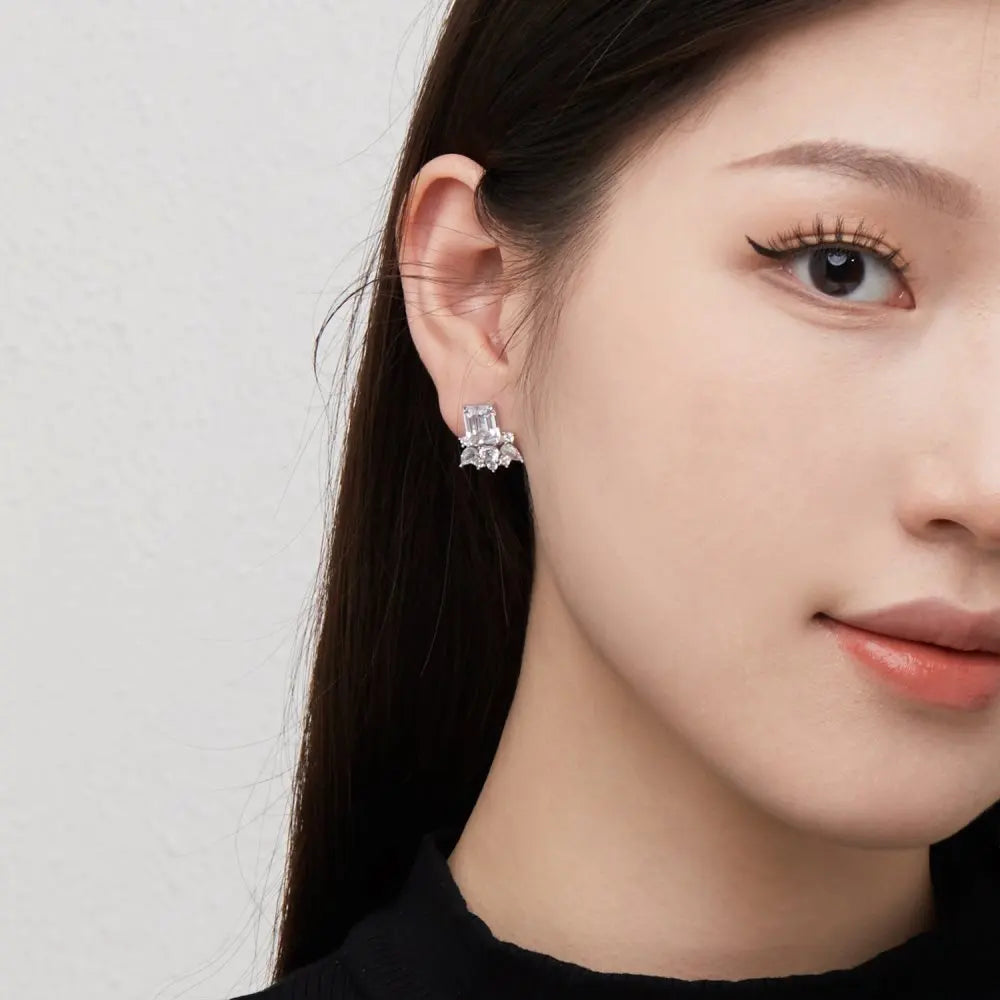 Silver Zircon Emerald Cut Eyelashes Ear Studs