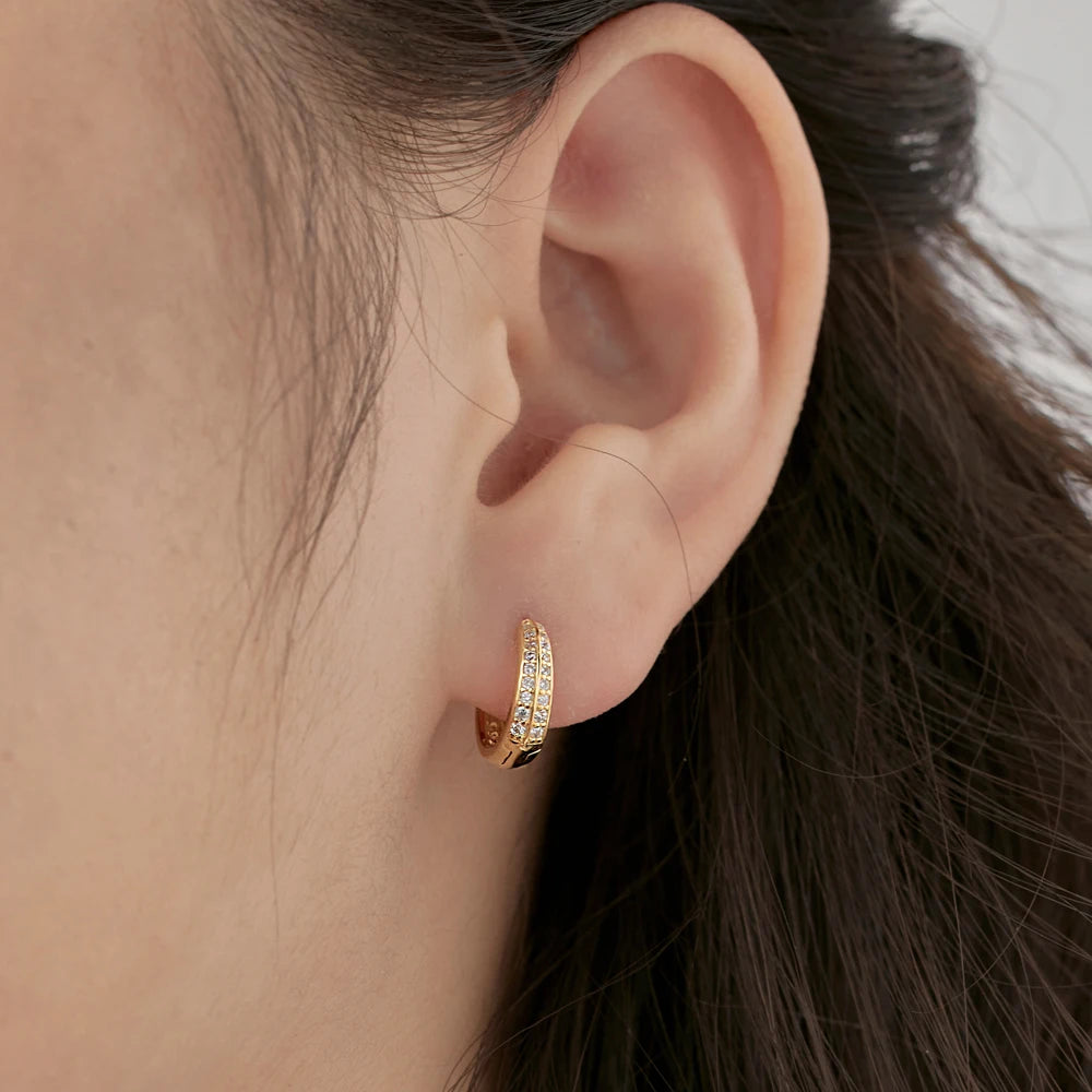 Silver Zircon Round Cut Iced Hoop Huggie Earrings