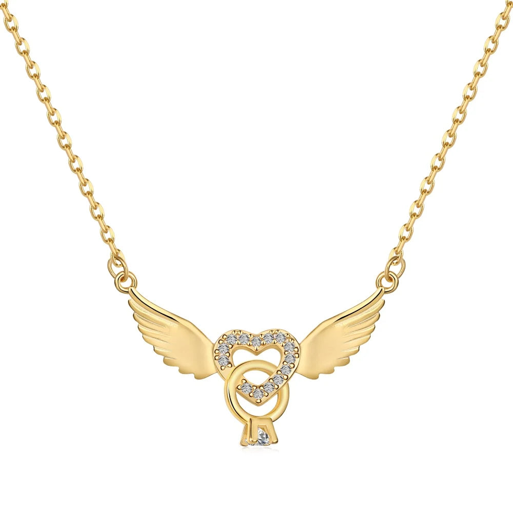 Silver Zircon Round Cut Halo Heart Wings Bar Necklace