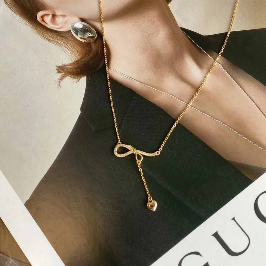 Silver Zircon Round Cut Bow Heart Pendant Necklace