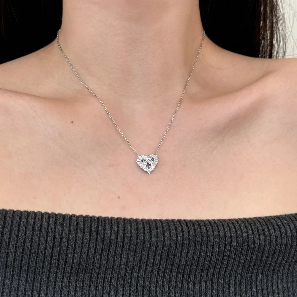 Silver Zircon Baguette Cut Iced Heart Pendant Necklace