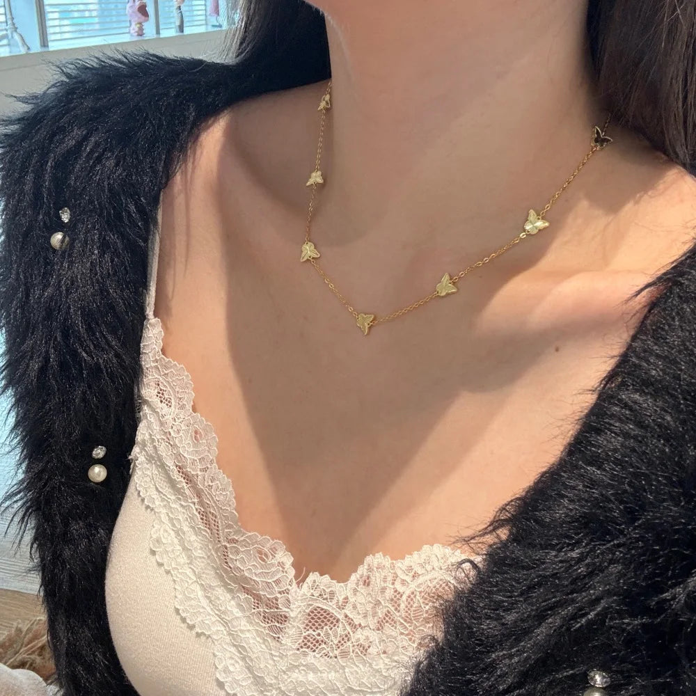 Silver Brushed Layered Butterfly Chain Necklace