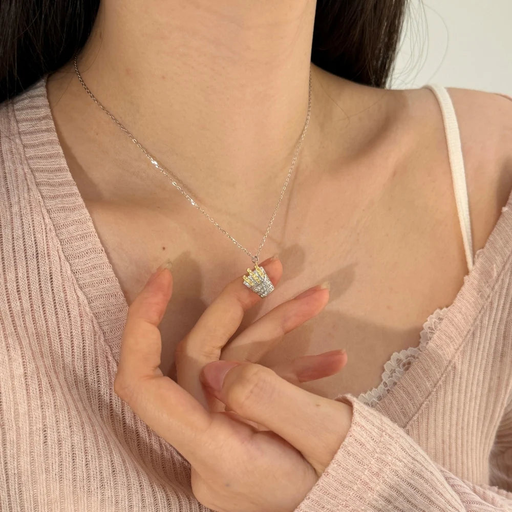 Silver Zircon Round Cut French Fries Pendant Necklace