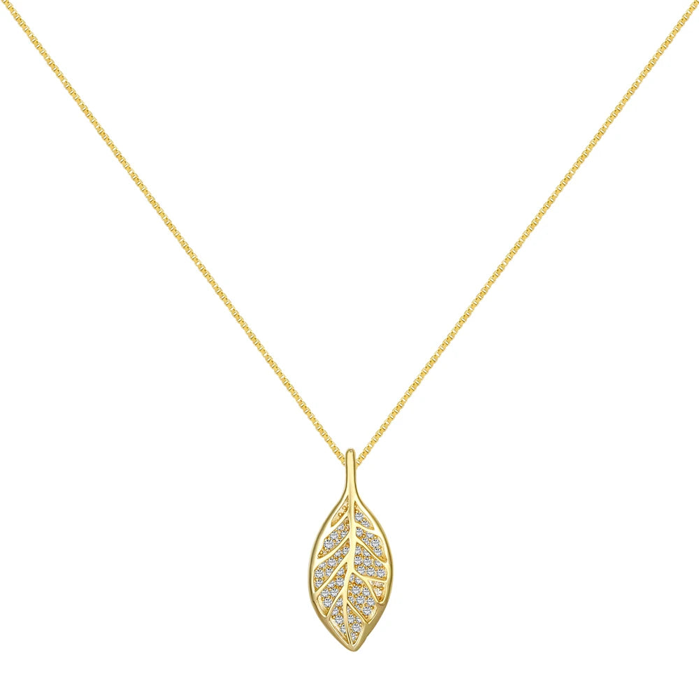 Silver Zircon Round Cut Leaf Pendant Necklace