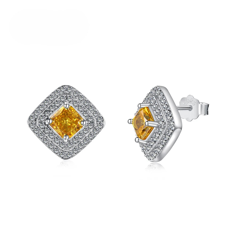 Silver Zircon Princess Cut Halo Pillow Ear Studs