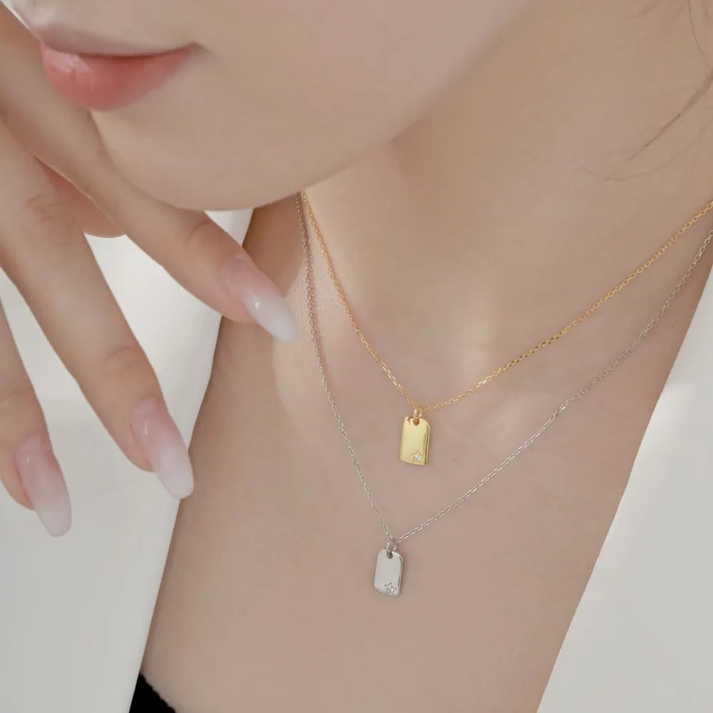 Silver Zircon Round Cut Tag Pendant Necklace