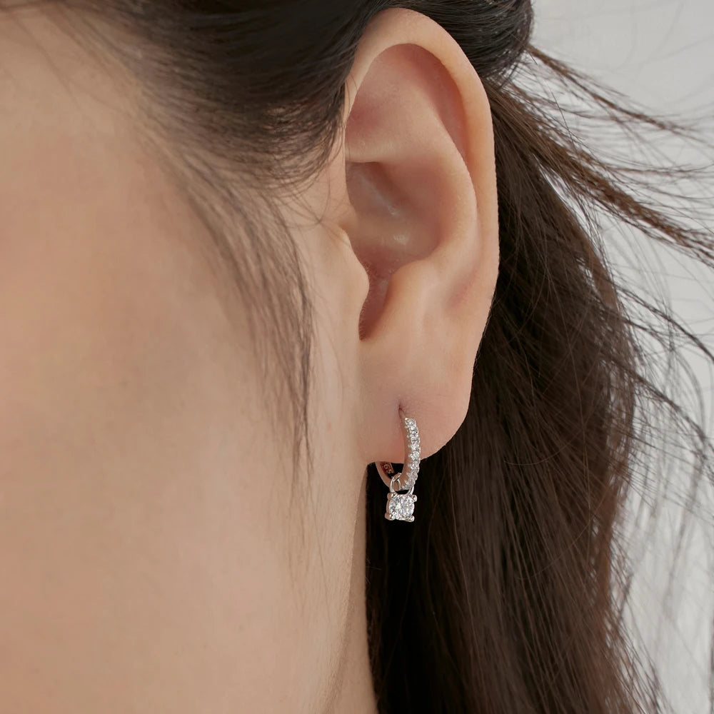 Silver Zircon Round Cut Drop Ear Hoops