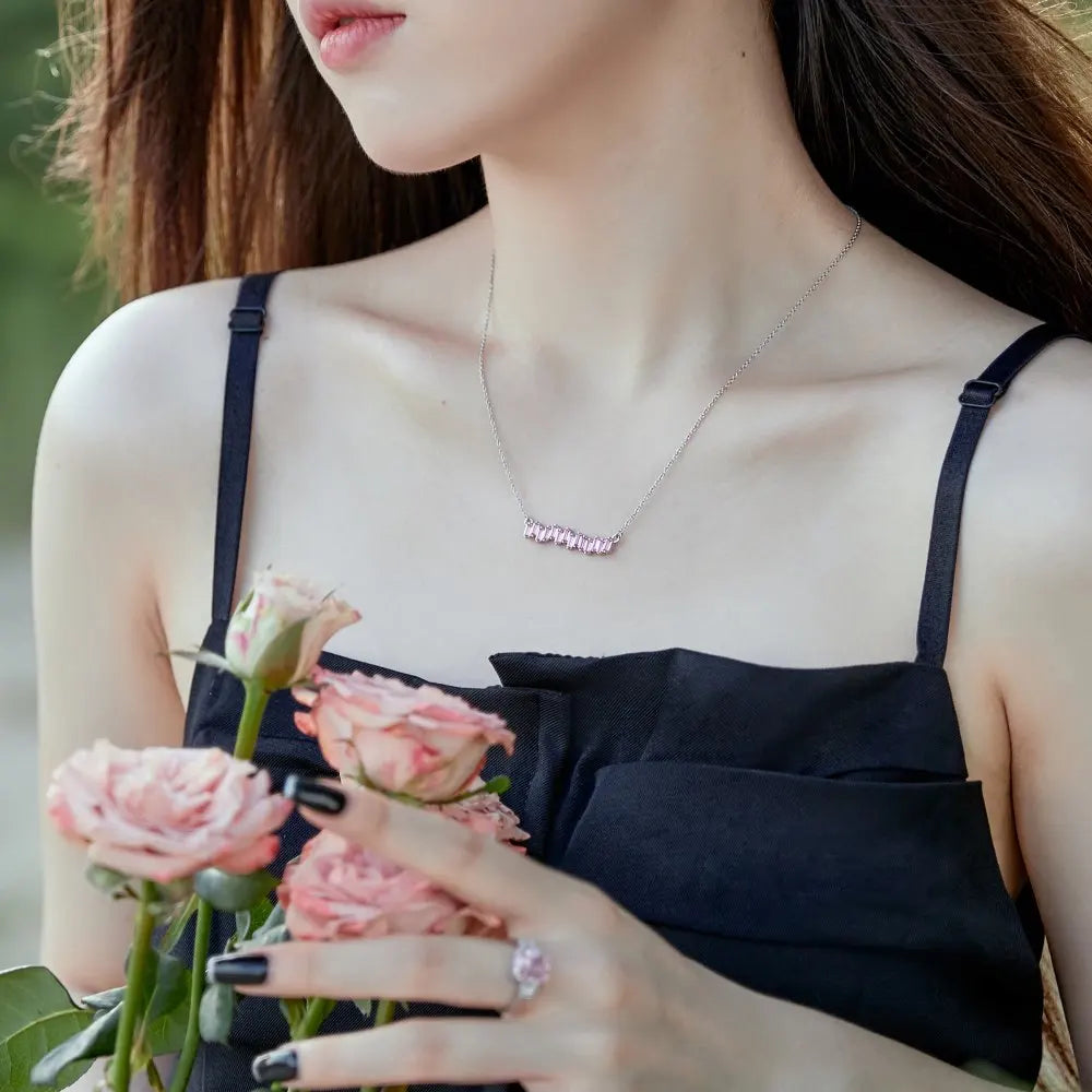 Silver Zircon Baguette Cut Irregular Bar Necklace