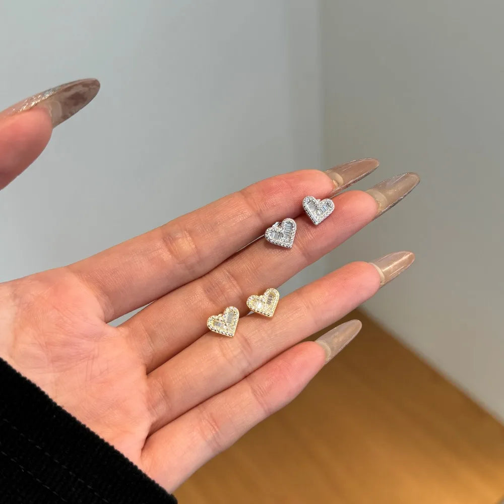 Silver Zircon Princess Cut Inlaid Heart Ear Studs