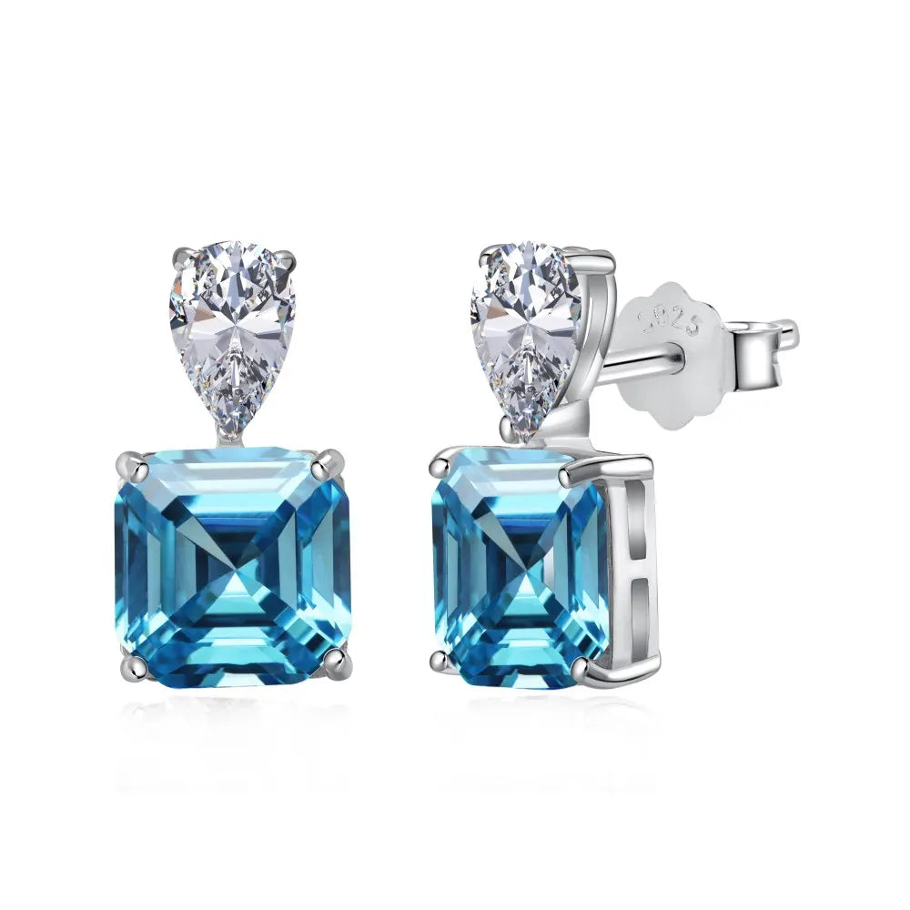 Silver Zircon Emerald Square Cut Squared Tear Ear Studs