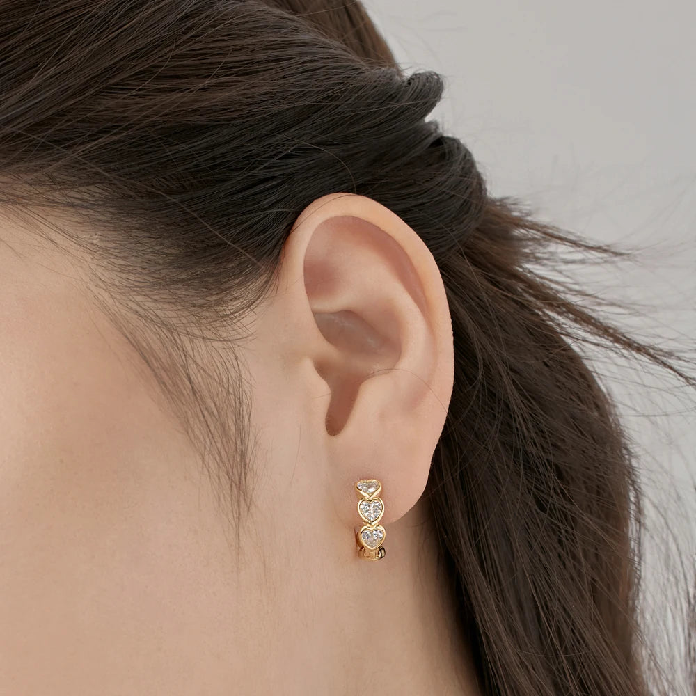 Silver Zircon Heart Cut Inlaid Layered Huggie Earrings