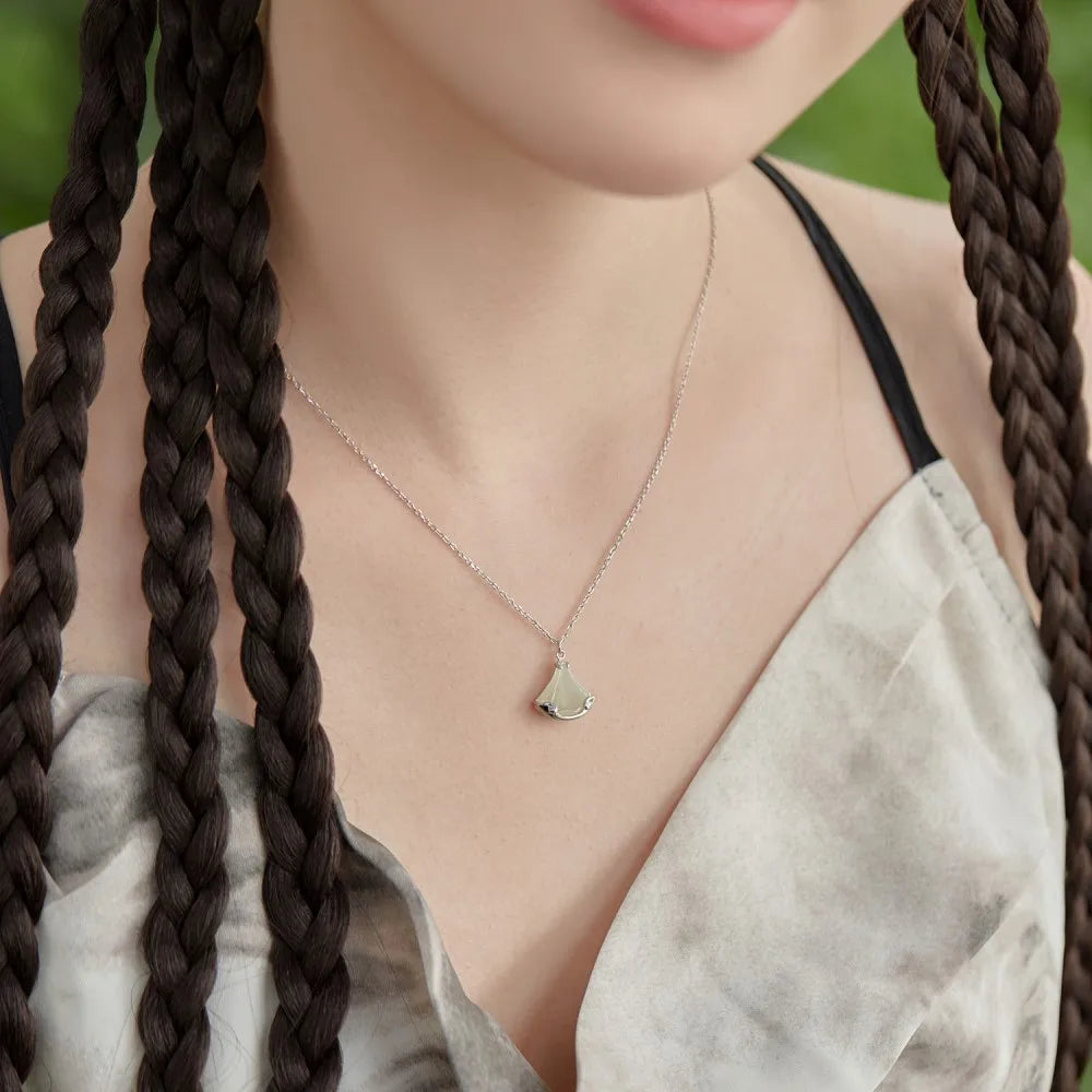 Silver Jade Cut Ginkgo Leaf Pendant Necklace