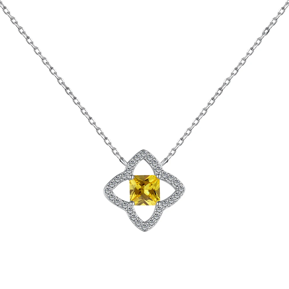 Silver Zircon Princess Cut Hollow Clover Pendant Necklace