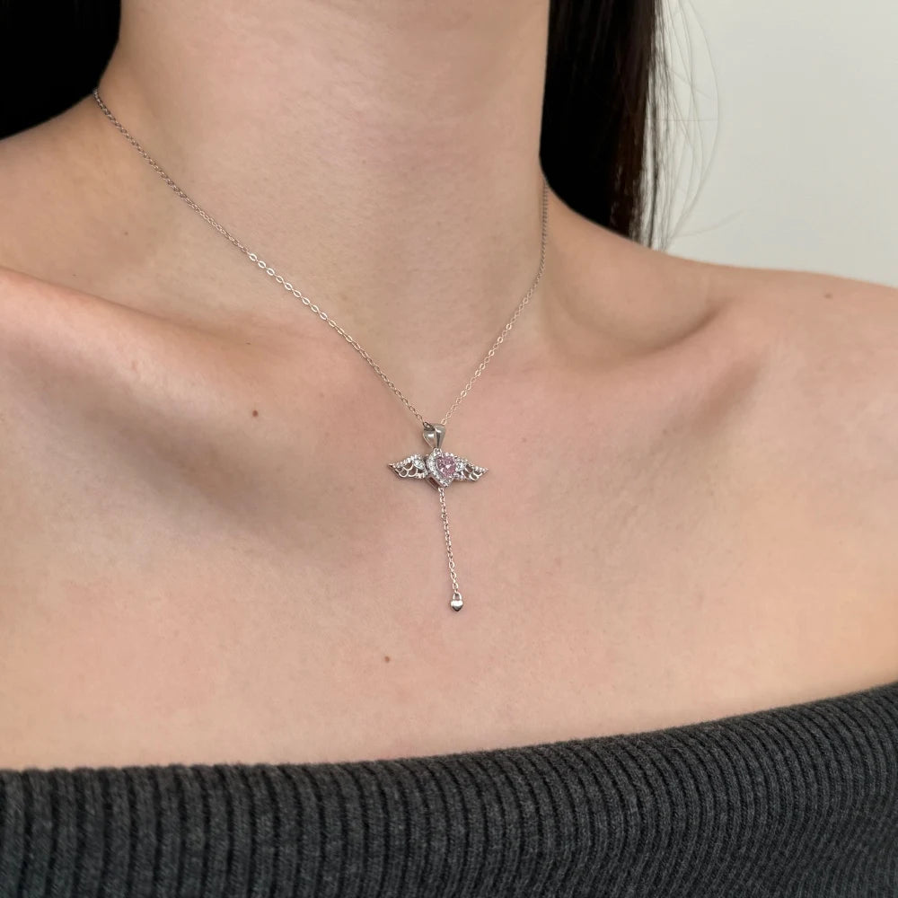 Silver Zircon Heart Cut Wings Pendant Necklace