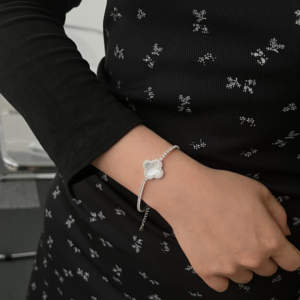 Silver Zircon Round Cut Clover Tennis Bracelet