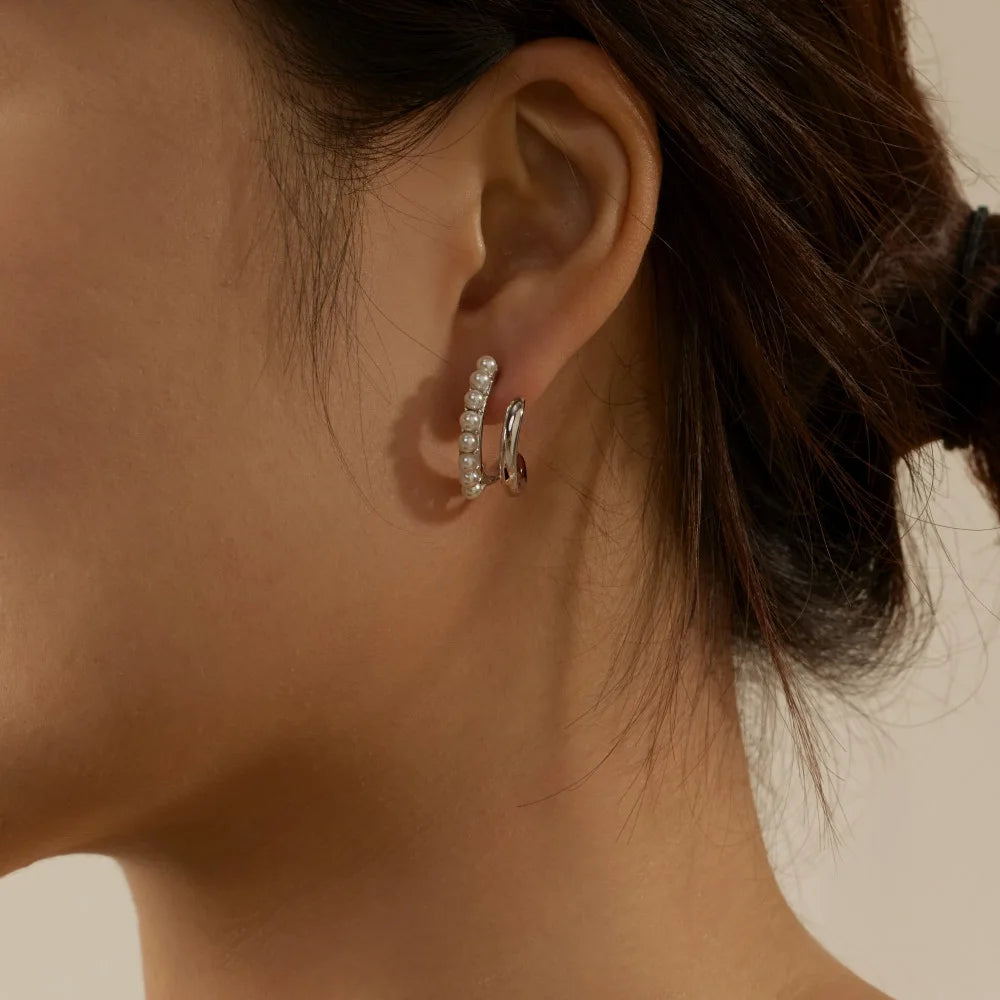 Silver Pearl Double Layer Ear Hoops