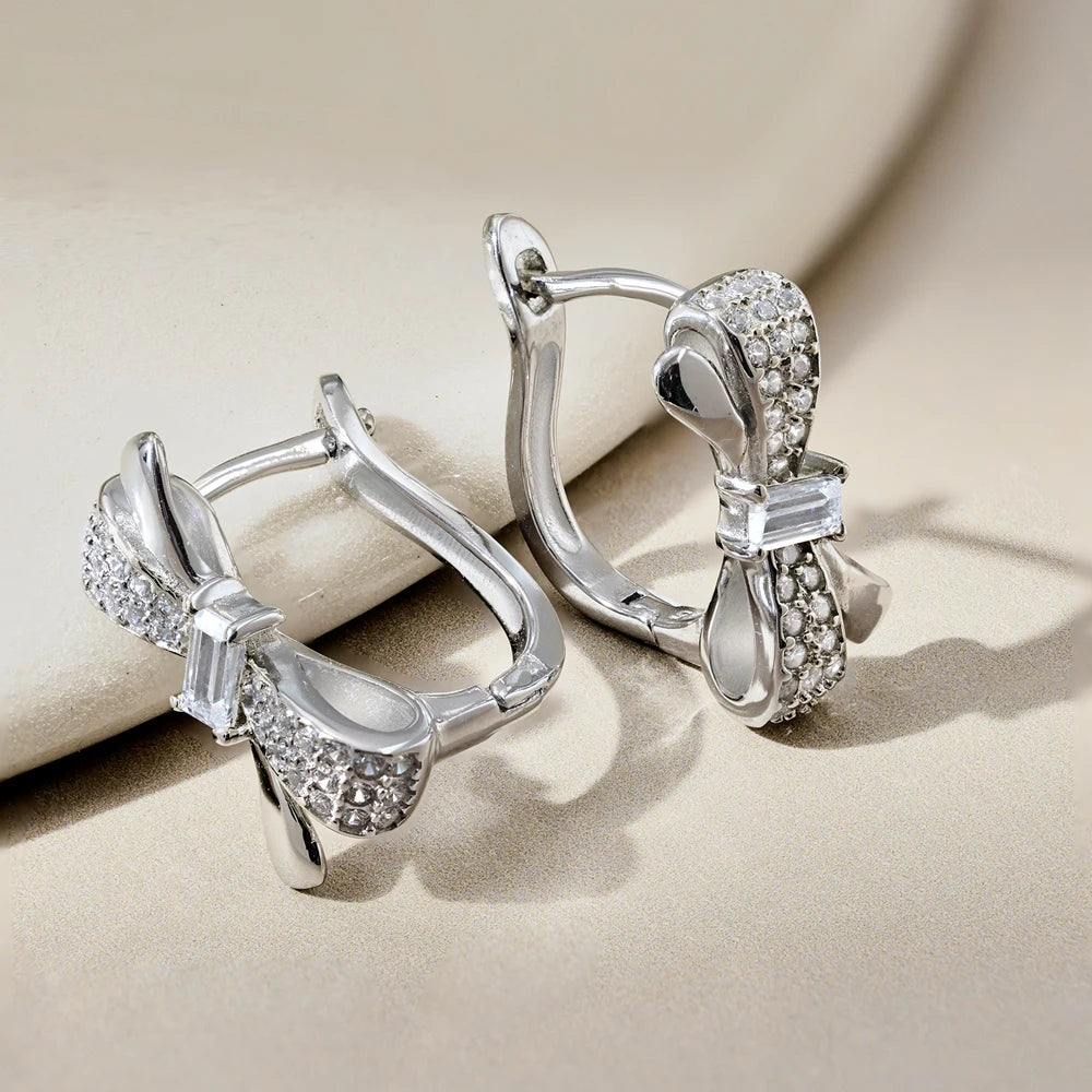 Silver Zircon Baguette Cut Bow Ear Hoops