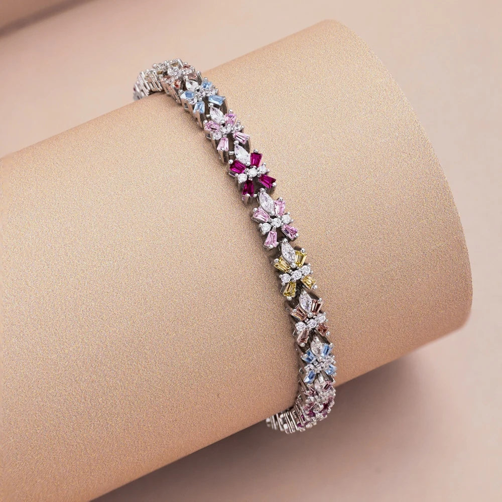Silver Zircon Tapered Baguette Cut Flower Tennis Bracelet