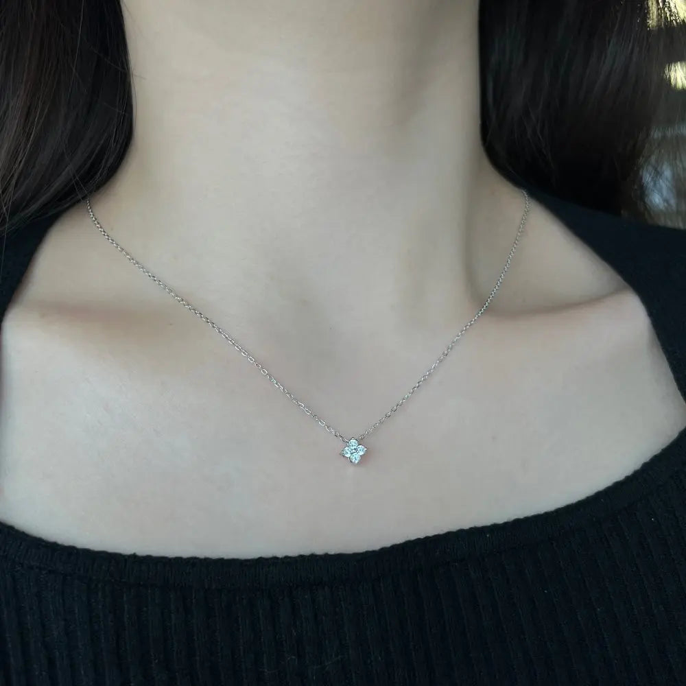 Silver Zircon Round Cut Clover Pendant Necklace