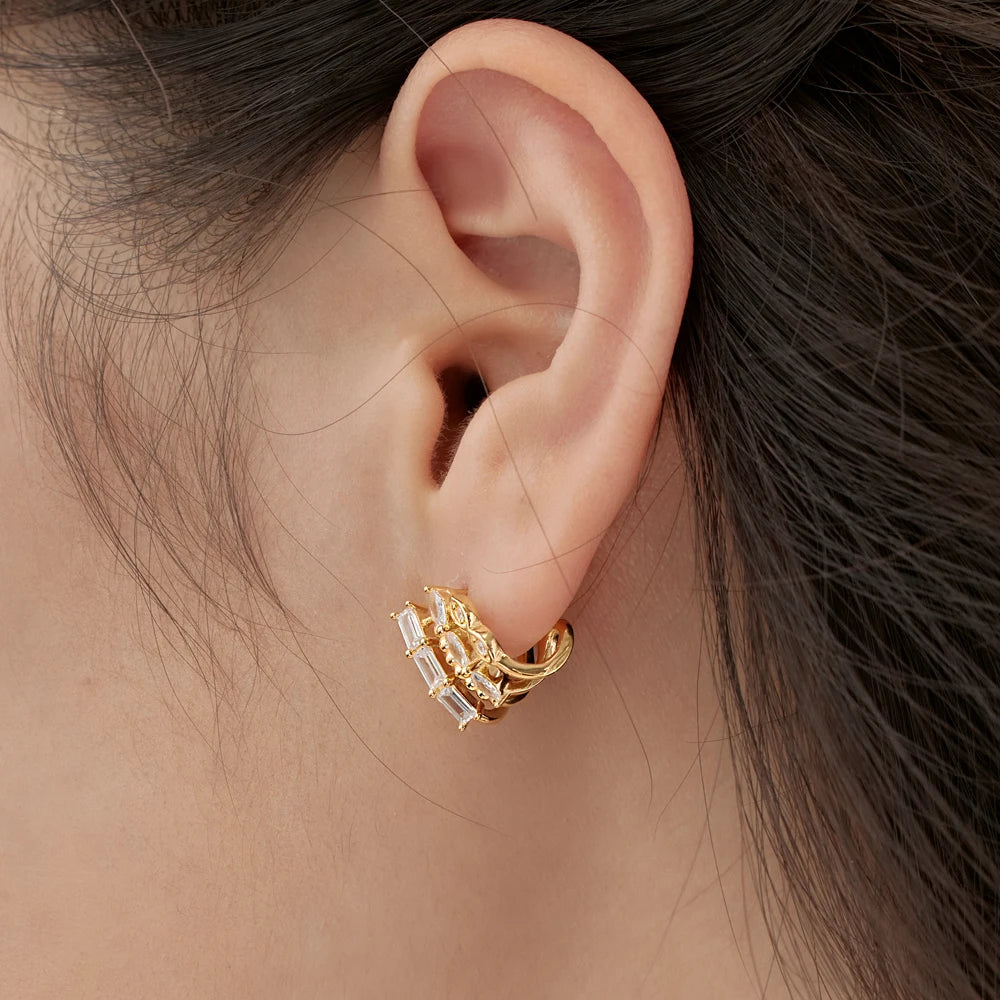 Silver Zircon Baguette Cut Multi Layer Huggie Earrings