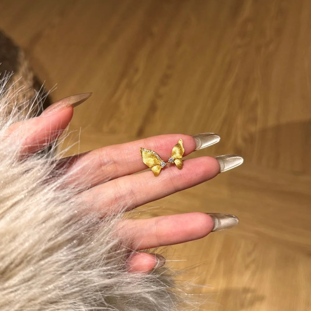 Silver Zircon Round Cut Brushed Inlaid Butterfly Wings Ear Studs