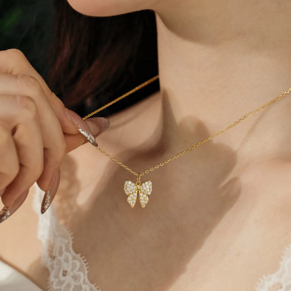 Silver Zircon Round Cut Bow Tie Pendant Necklace