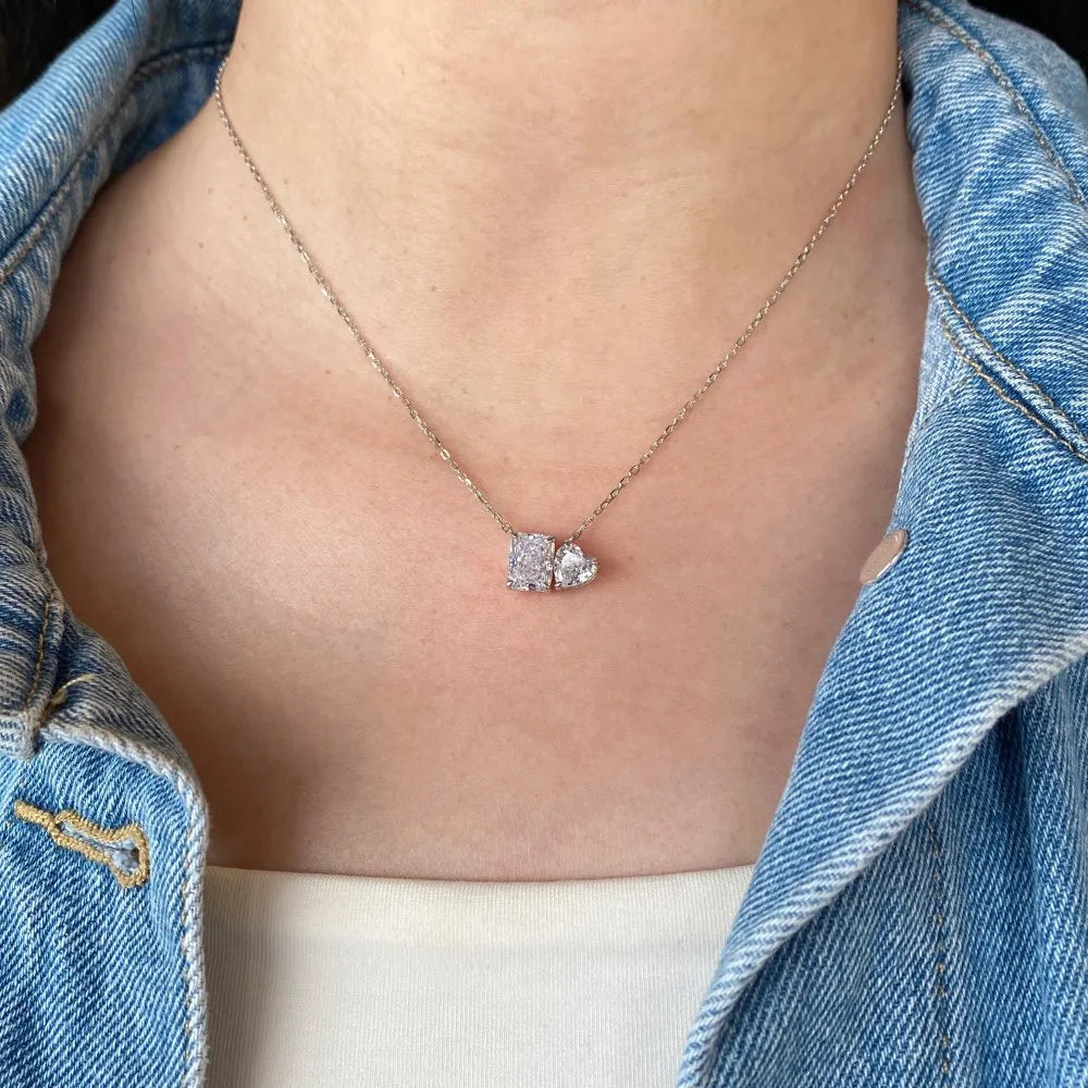 Silver Zircon Radiant Cut Toi Et Moi Pendant Necklace