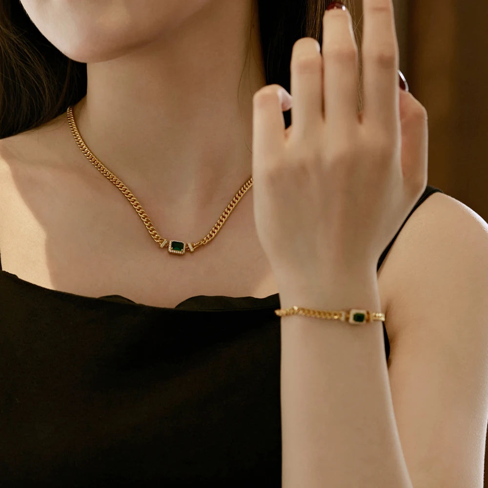 Silver Zircon Emerald Cut Cuban Chain Necklace