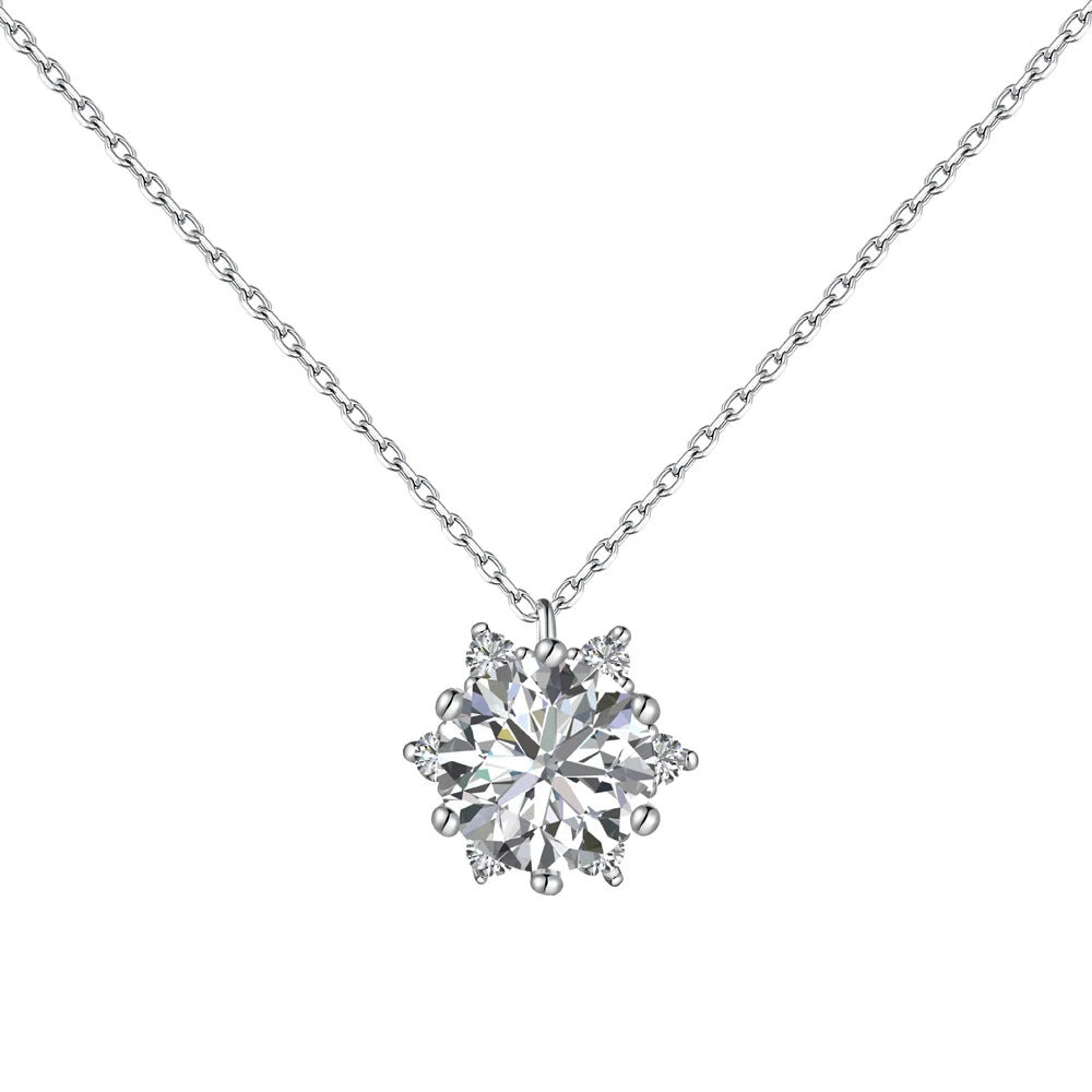 Silver Zircon Round Cut Snowflake Pendant Necklace