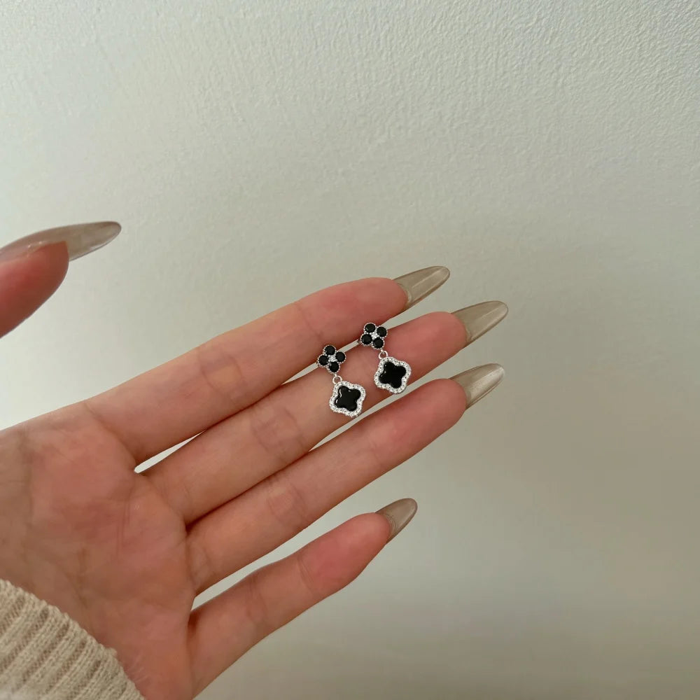 Silver Onyx Clover Cut Clover Drop Earrings